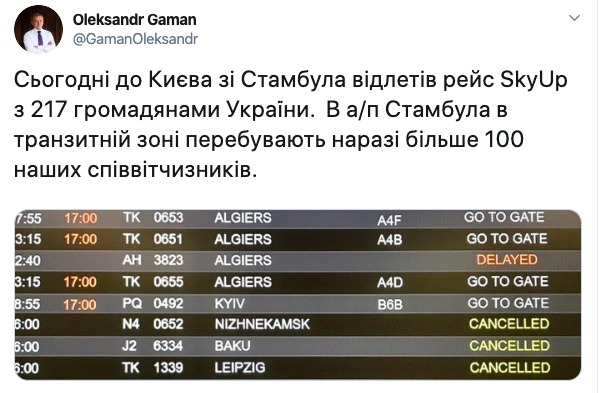 Из Стамбула отправили самолет с 217 украинцами